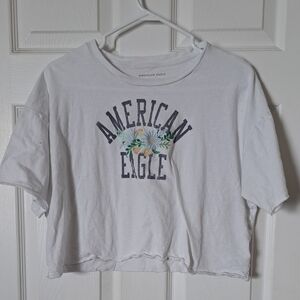 American Eagle White Tee with Gray Logo Print